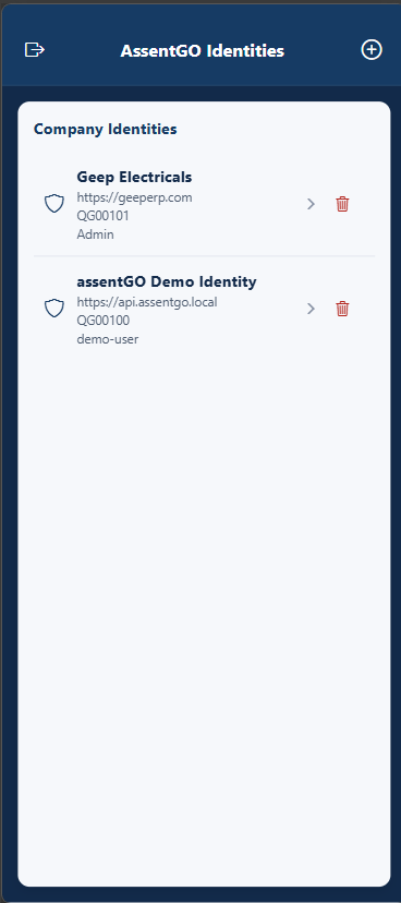 assentGO Identities screen
