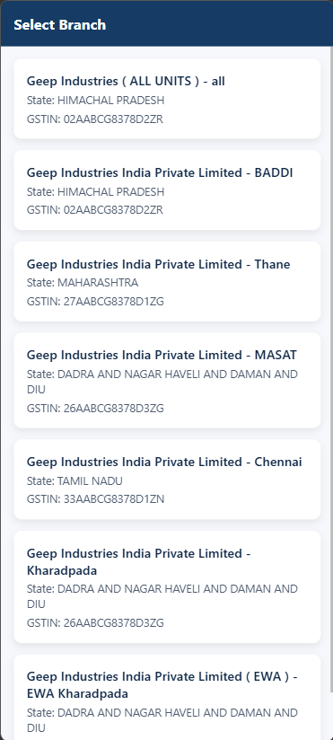 Select Branch screen