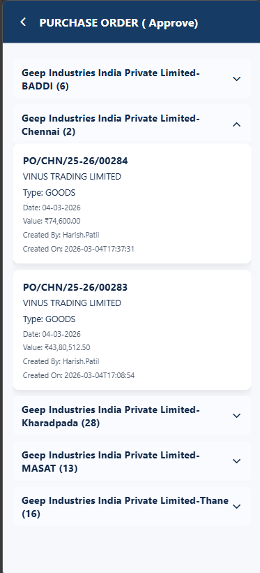 Purchase Order approve list expanded with transactions