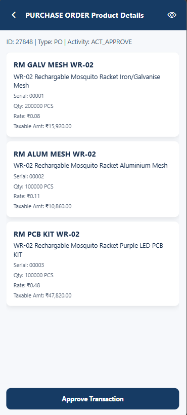 Purchase Order product details with approve button